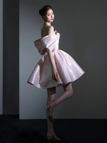Stunning A Line Off the Shoulder Pink Satin Short Homecoming Dress Birthday Dress HZ1023